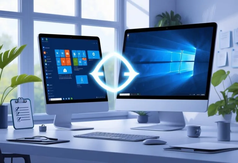 A Computer On A Desk Showing Windows 10 On One Side And Windows 11 On The Other, With An Arrow Indicating Transition, Surrounded By Icons Representing Security And Preparation.