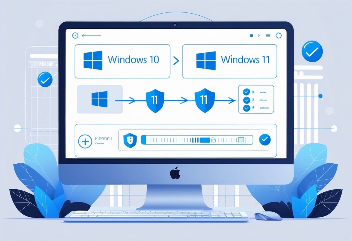 How To Safely Transition From Windows 10 To Windows 11: Essential Steps And Best Practices 3 A Computer Screen Showing A Clear Sequence Of Icons Illustrating The Process Of Upgrading From Windows 10 To Windows 11 With Symbols For Security, Installation Progress, And Completion.