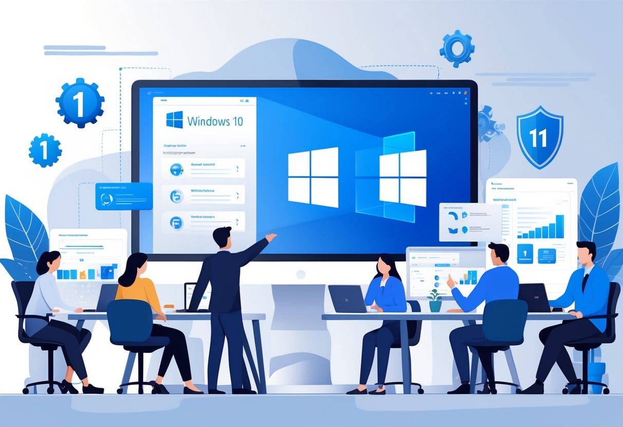 How To Safely Transition From Windows 10 To Windows 11: Essential Steps And Best Practices 4 A Group Of It Professionals Working Together Around A Computer Screen Showing Windows 10 And Windows 11 Symbols, With Tools And Icons Representing Maintenance And Security In A Modern Office.