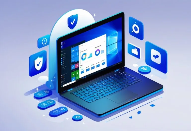 A Laptop Displaying The Windows 11 Interface Surrounded By Seven Icons Representing Key Upgrade Benefits Like Security, Performance, User Interface, Multitasking, Gaming, Communication, And App Support.