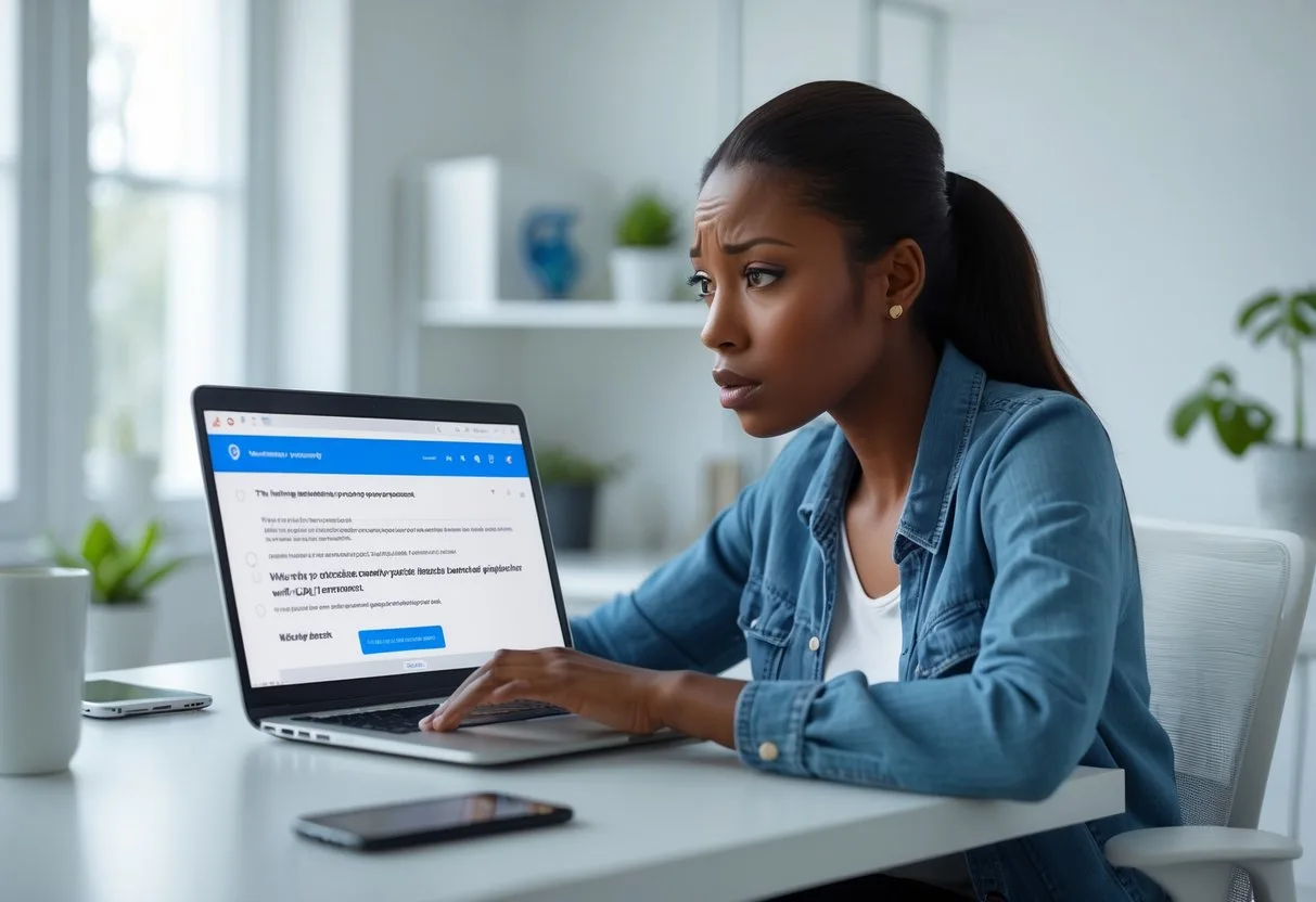 Watch Out For This Fake Instagram Alert Scam - Act Now! 2 A Young Adult Woman Looking Concerned While Sitting At A Desk And Viewing An Email On Her Laptop. Could Be A Fake Instagram Alert.