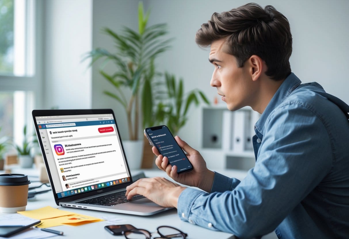 Watch Out For This Fake Instagram Alert Scam - Act Now! 4 A Young Adult At A Desk Looking Worriedly At A Laptop With An Email Inbox Open, Holding A Smartphone In One Hand In A Bright Home Office.